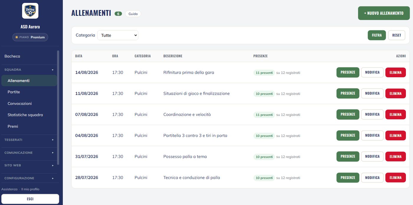 Gli allenamenti nel gestionale ASD Club: Le sedute della settimana e il registro presenze, fatto per essere compilato sul campo dal telefono.