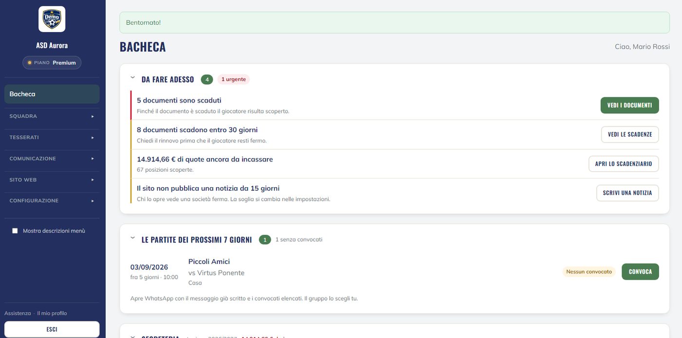 La bacheca nel gestionale ASD Club: Cosa richiede attenzione oggi: certificati scaduti, quote ancora da incassare, partite senza convocati.
